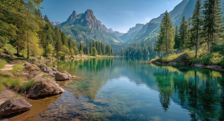 Breathtaking Mountain Landscape With Clear Lake and Vibrant Green Trees in Serene Nature Setting