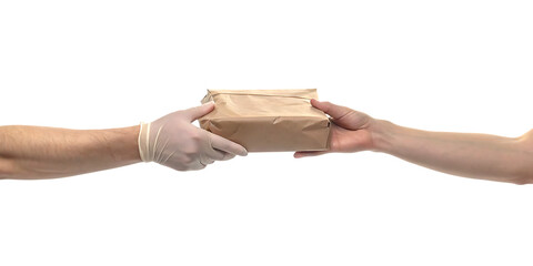 delivery man hand handling package to customer hand isolated on white background