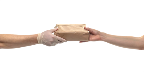 delivery man hand handling package to customer hand isolated on white background