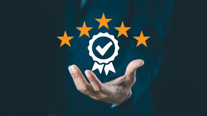 A businessperson presents a five-star quality badge, symbolizing excellence, trust, and high...