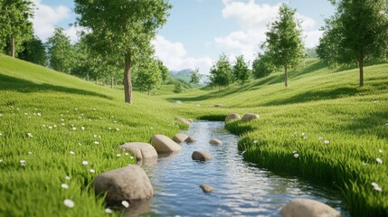 Tranquil Stream in Lush Forest, embodying serenity and life's journey, perfect for inspirational messaging and reflection.