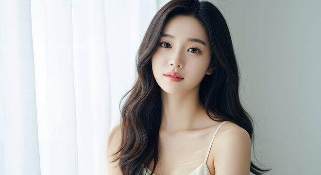 Beautiful Young East Asian (South Korea)Woman with Long Dark Hair and Natural Makeup in Camisole, Bright Minimalist Background, Beauty and Lifestyle Concept