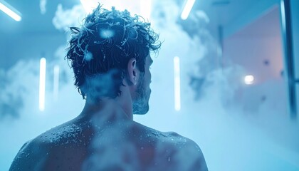A man in a futuristic cryotherapy chamber embraces the cold in a wellness trend merging technology with physical recovery and mental resilience