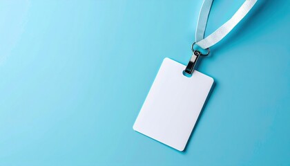 A blank white identification badge with a lanyard on a blue background represents corporate identity, access control, and professional environments