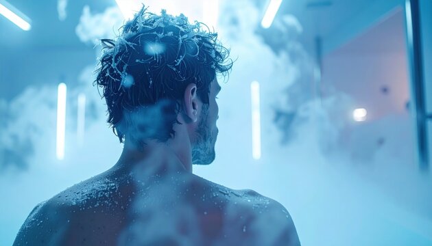 A man in a futuristic cryotherapy chamber embraces the cold in a wellness trend merging technology with physical recovery and mental resilience