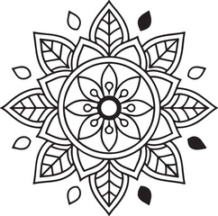 Black and White Floral Mandala Outline – Symmetrical Coloring Page