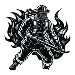 dramatic black and white firefighter illustration