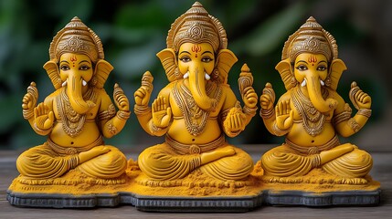 Three Yellow Ganesha Statues Sitting in Meditation Pose