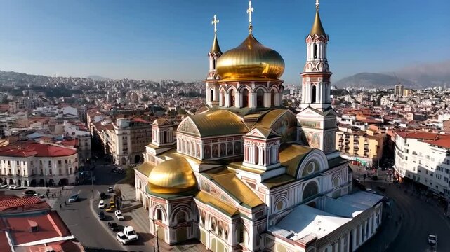 Aerial view of a stunning orthodox cathedral with golden domes in an urban environment