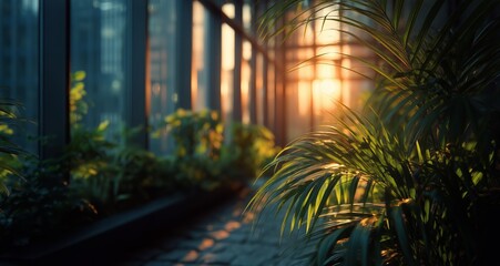 Light Filters Through Plants in a Serene Indoor Garden Space During Sunset
