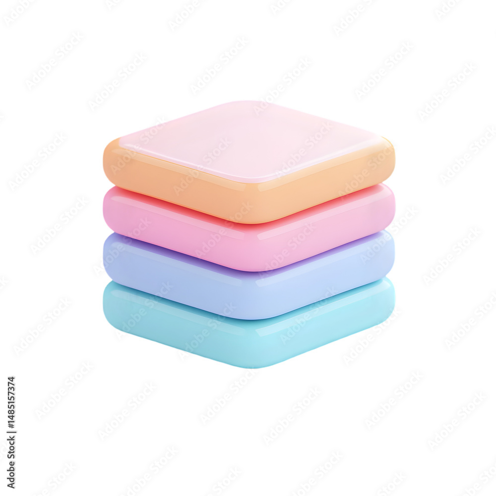Poster three-dimensional rendering of a stack of pastel-colored square shapes. the cubes are arranged in a 