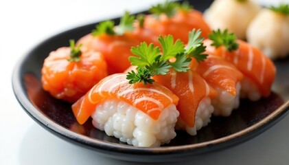 Various Japanese appetizers on white, close-up, spring rolls, vegetables, japanese