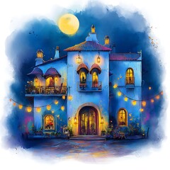 Fototapeta premium Enchanting Night Scene A Blue House Under the Full Moon.