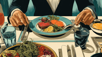 Business lunch, dish, fork and spoon, pop art retro vector. Restaurants and food