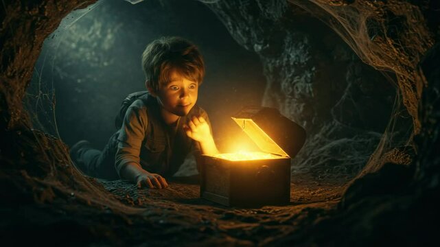 A child marvels at a treasure chest in a mysterious cave