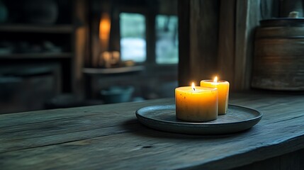 Two Candles Burning on Wooden Table