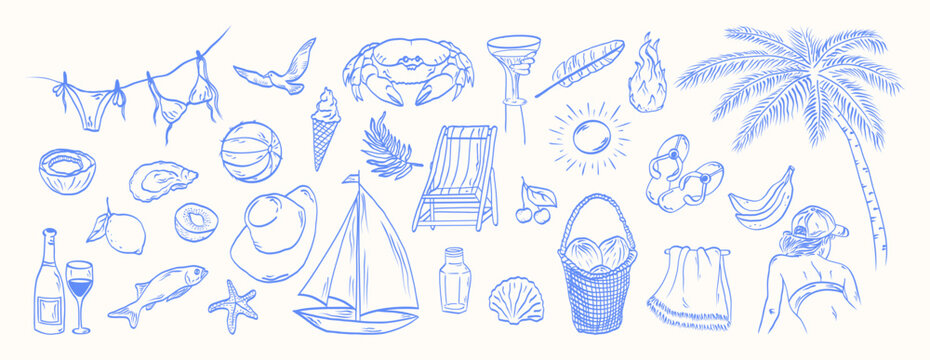 Italian vacation hand drawn vector illustrations in grunge  sketch doodle elements. Vector drawings palm tree, fruit, crab, seafood, shell, bikini, cocktail, girl, beach towel for poster, print.