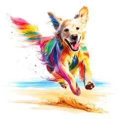 A Vibrant Golden Retriever Running on the Beach, a Colorful Artistic Illustration.