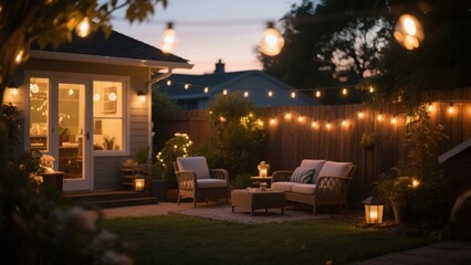 Backyard serenity with soft lights, a peaceful retreat into warmth and comfort