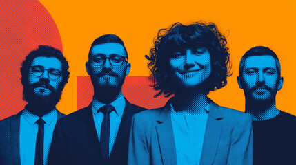 Four confident business professionals in blue and orange graphic style, diverse team portrait symbolizing leadership, innovation, and collaboration