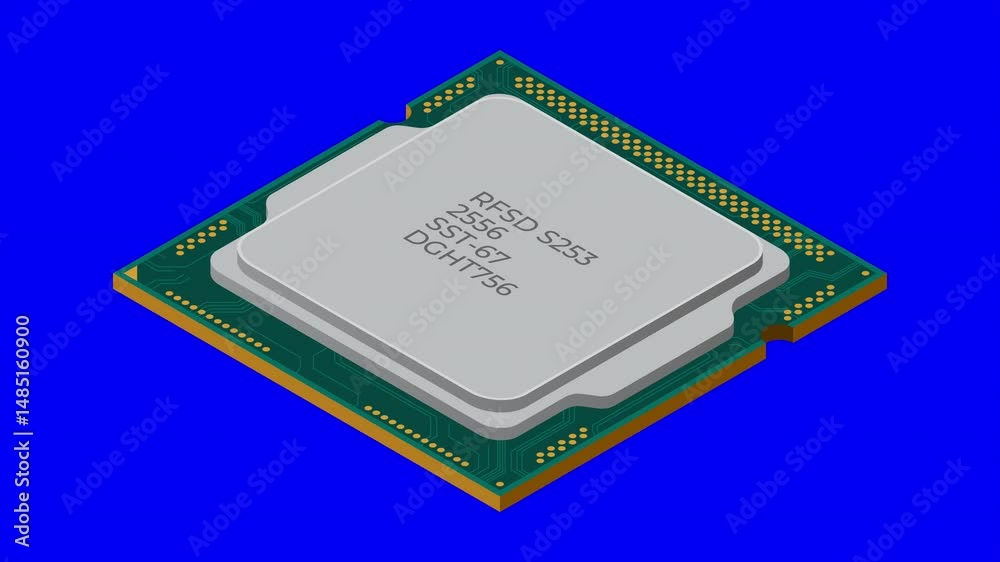 Poster Isometric processor animation. Central processing unit or CPU. Computer hardware components. Semiconductor technology concept. 4K animation