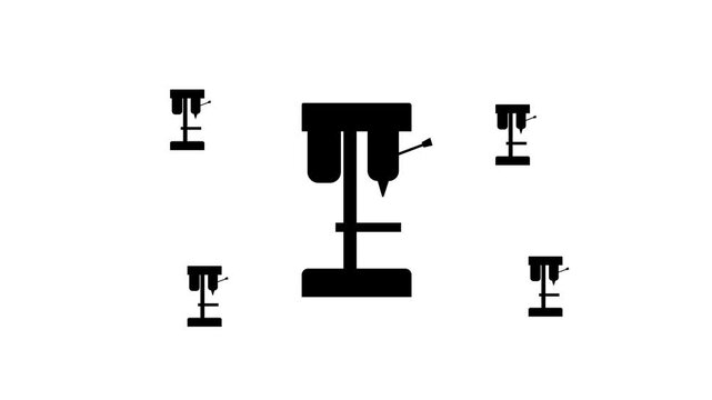 Zoom in and out animation the boring mill symbol. Large black symbol in the center and four small symbols around. Seamless looped 4k animation on white background