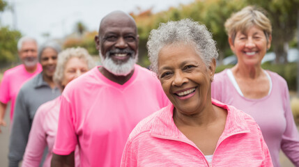 Cheerful group of older adults enjoying power walking session outdoors, wearing bright pink athletic clothing. Their smiles reflect joy and camaraderie in vibrant community setting