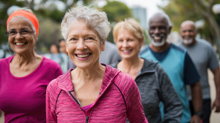 Cheerful group of older adults enjoying power walking together in park, showcasing their vibrant energy and camaraderie. Their smiles reflect joy and health