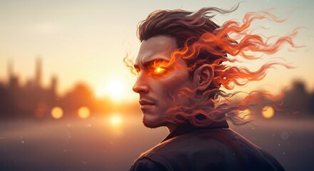 a surreal scene where you embody the perspective of a character gazing over the shoulder of a man with an enigmatic profile, this mans eyes burn with an intense fiery glow