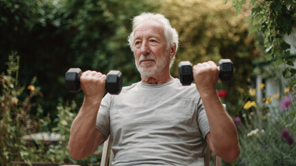 Elderly man lifting small dumbbells while seated in garden, showcasing strength and determination. serene environment enhances focus on fitness and well being