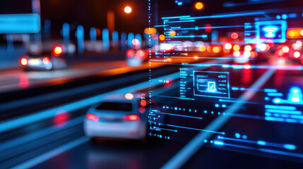Naklejka premium Futuristic urban scene with digital data overlay, showcasing advanced technology transportation and smart city infrastructure