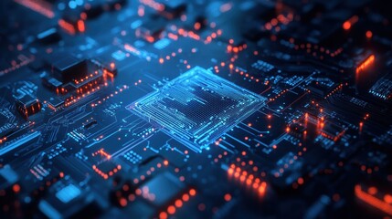 Obraz premium Machine learning AI chip with interconnected energy