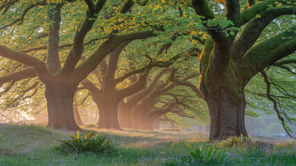 Trees piercing through the leaves of a warm spring sun