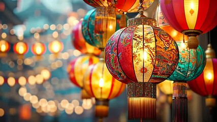 Colorful lanterns illuminate a festive street during a cultural celebration in a vibrant city