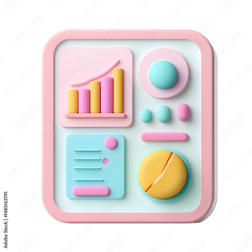 Poster 3d representation of an abstract user interface, featuring various colorful shapes and icons, design