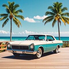 Vintage car on tropical beachside boardwalk with palm trees and ocean view