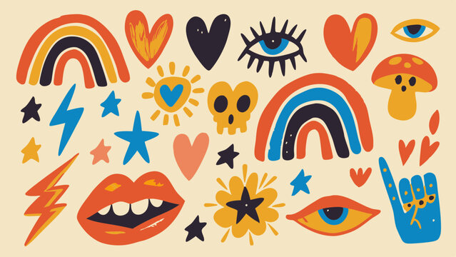 Colorful bohemian illustration with rainbows hearts eyes stars and other quirky hand drawn elements art