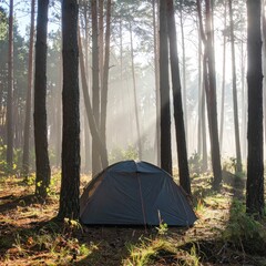 Morning sunlight illuminates tent in peaceful forest clearing