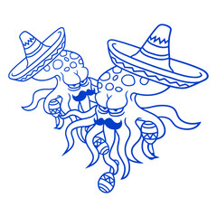 2 Octopus mexican culture hat music band team fun Isolated Vector Graphic Design Illustration

