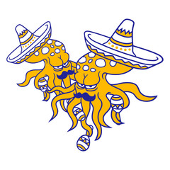 2 Octopus mexican culture hat music band team fun Isolated Vector Graphic Design Illustration
