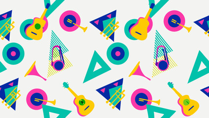 Vibrant pattern featuring guitars trumpets circles triangles and headphones in a playful arrangement design