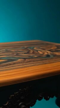 Modern wooden table surface against turquoise blue background. Polished wooden tabletop extends forward revealing rich grain patterns contrasting with vibrant aqua blue wall behind.
