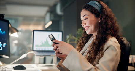 Business, night and woman with cellphone, smile and professional with investments. Evening, person...
