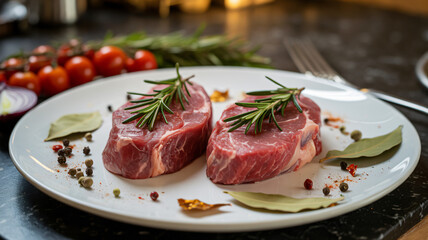 Two Raw Veal Steaks with Rosemary on a White Plate Surrounded by Cooking Spices and Vegetables