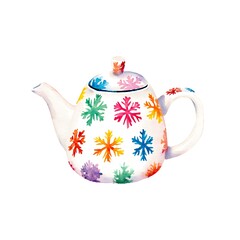 Festive Teapot with Colorful Snowflake Design A cheerful watercolor illustration.