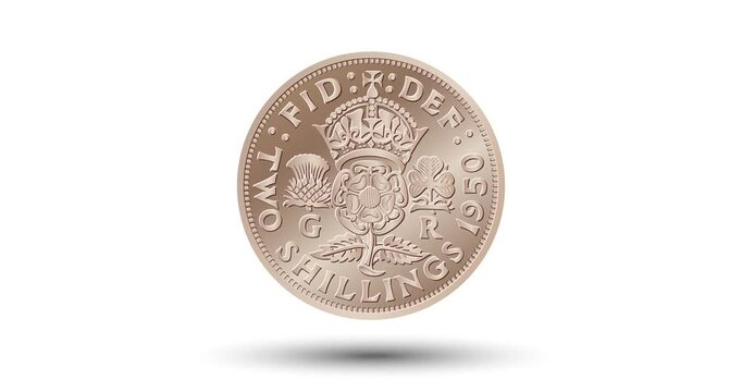 Vector British money gold coin Two shillings.  The coin appear on the screen with a captivating style. Animated vector coin. Money animation.