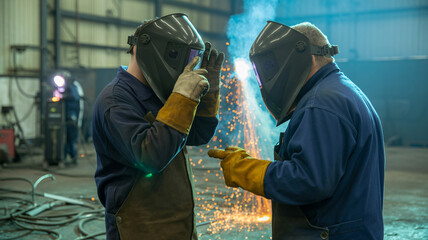 Two welders in protective gear converse in a dimly lit industrial workshop with sparks flying