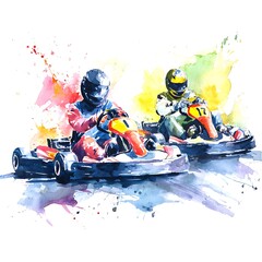 Watercolor Painting of Two Go-Kart Racers in Competition.