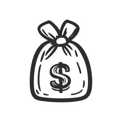 Hand drawn monochrome money bag showing dollar symbol on transparent background