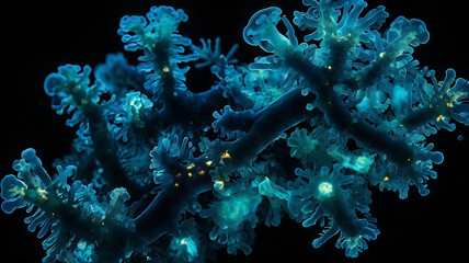 Dark-field microscopy image of marine bioluminescent bacteria glowing naturally in ocean samples, showcasing microbial light emission in aquatic environments.